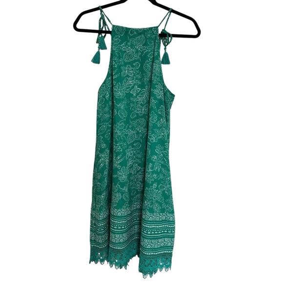 NWT Old Navy 100% Cotton High Neck Lace Mini Dress  in Teal Green Print - Size M - Picture 3 of 7